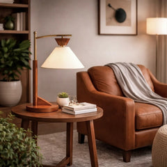 Bedside Bedroom Nightstand Desk Lamp Bedroom Study Lamps Wood Creative Lights Led Eye Protection Reading Living Room, Brown Solid Wood Base with Elegant Cone Linen Shade 110V