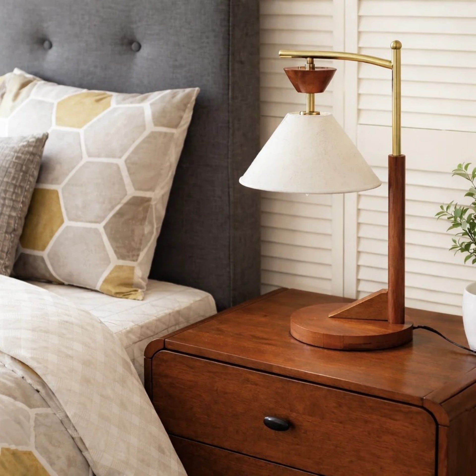 Bedside Bedroom Nightstand Desk Lamp Bedroom Study Lamps Wood Creative Lights Led Eye Protection Reading Living Room, Brown Solid Wood Base with Elegant Cone Linen Shade 110V