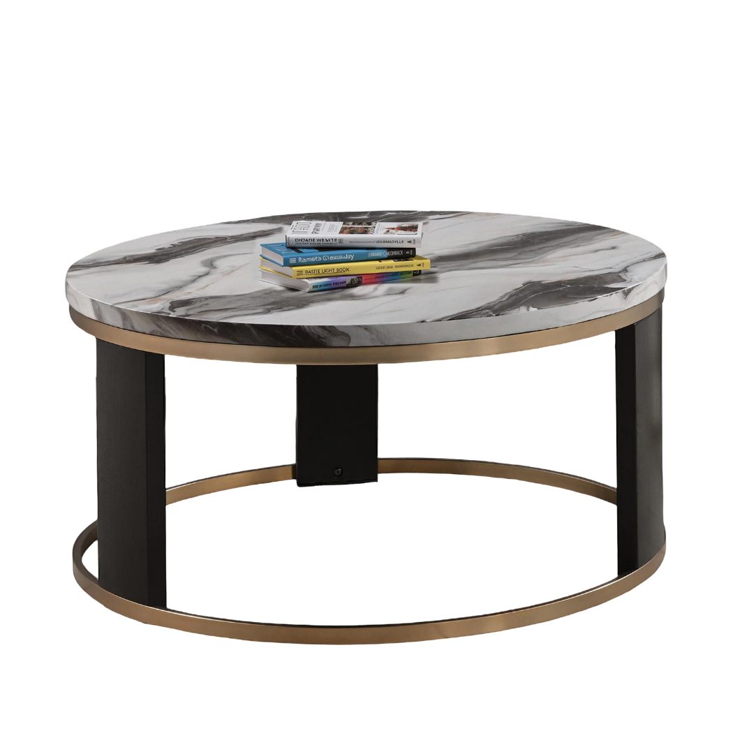 Contemporary Style Round Cocktail Table Marble Top Gold Rings Wooden Legs Gold White And Black Finish
