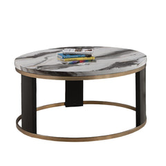 Contemporary Style Round Cocktail Table Marble Top Gold Rings Wooden Legs Gold White And Black Finish