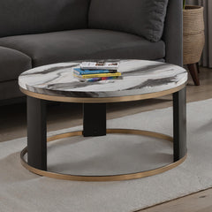 Contemporary Style Round Cocktail Table Marble Top Gold Rings Wooden Legs Gold White And Black Finish