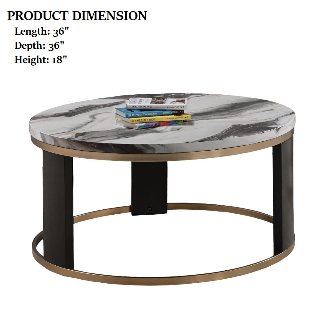 Contemporary Style Round Cocktail Table Marble Top Gold Rings Wooden Legs Gold White And Black Finish