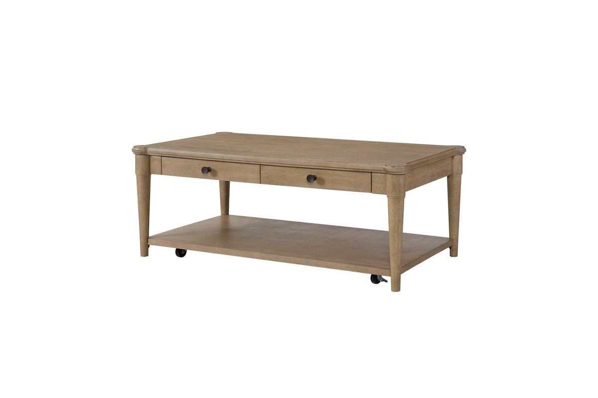 Sand Colored Cocktail Table With Two Storage Drawers and Casters