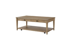 Sand Colored Cocktail Table With Two Storage Drawers and Casters