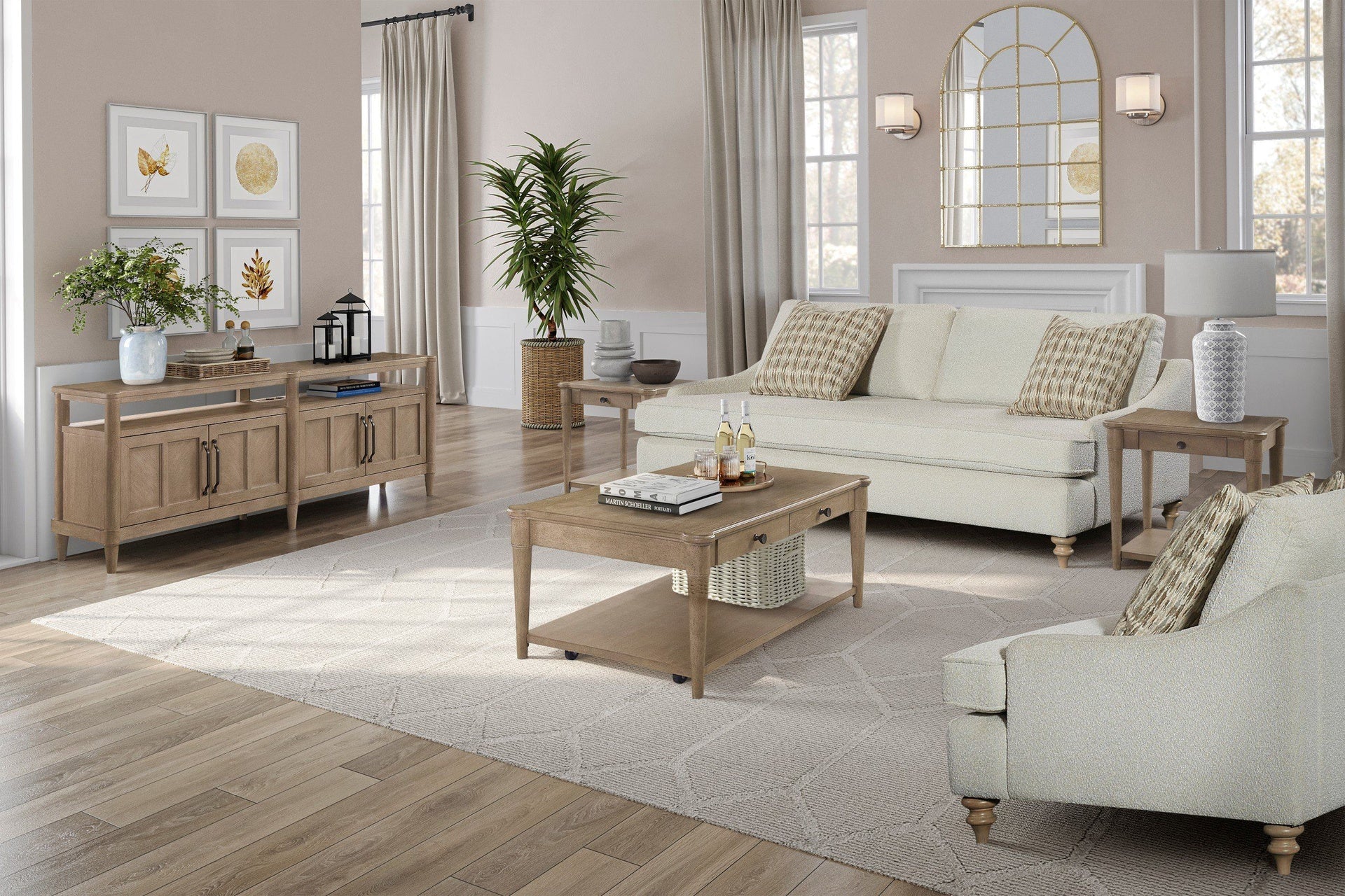 Sand Colored Cocktail Table With Two Storage Drawers and Casters