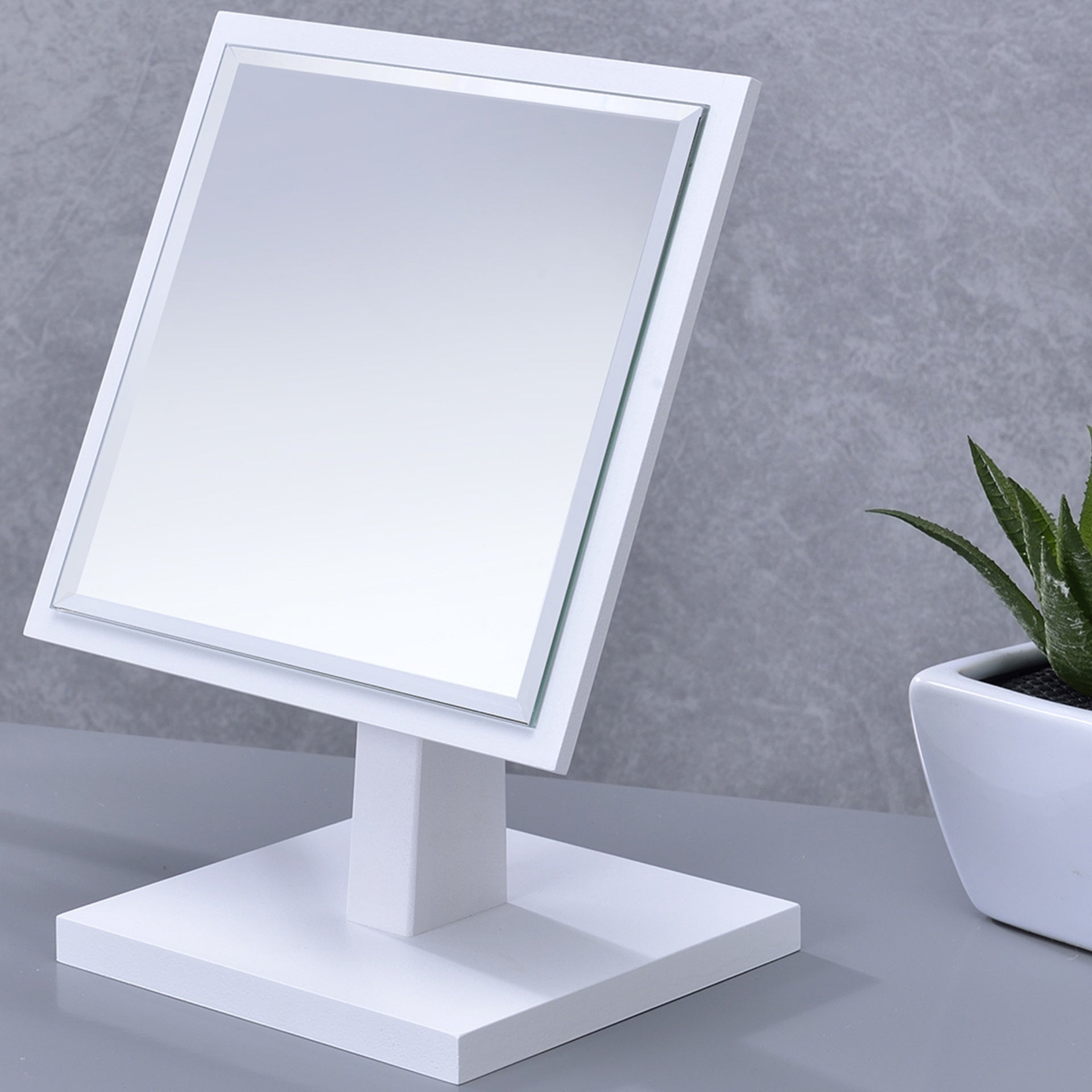 9.5" Tall Polyresin and Wood Make-Up Mirror on a Pedestal, White finish