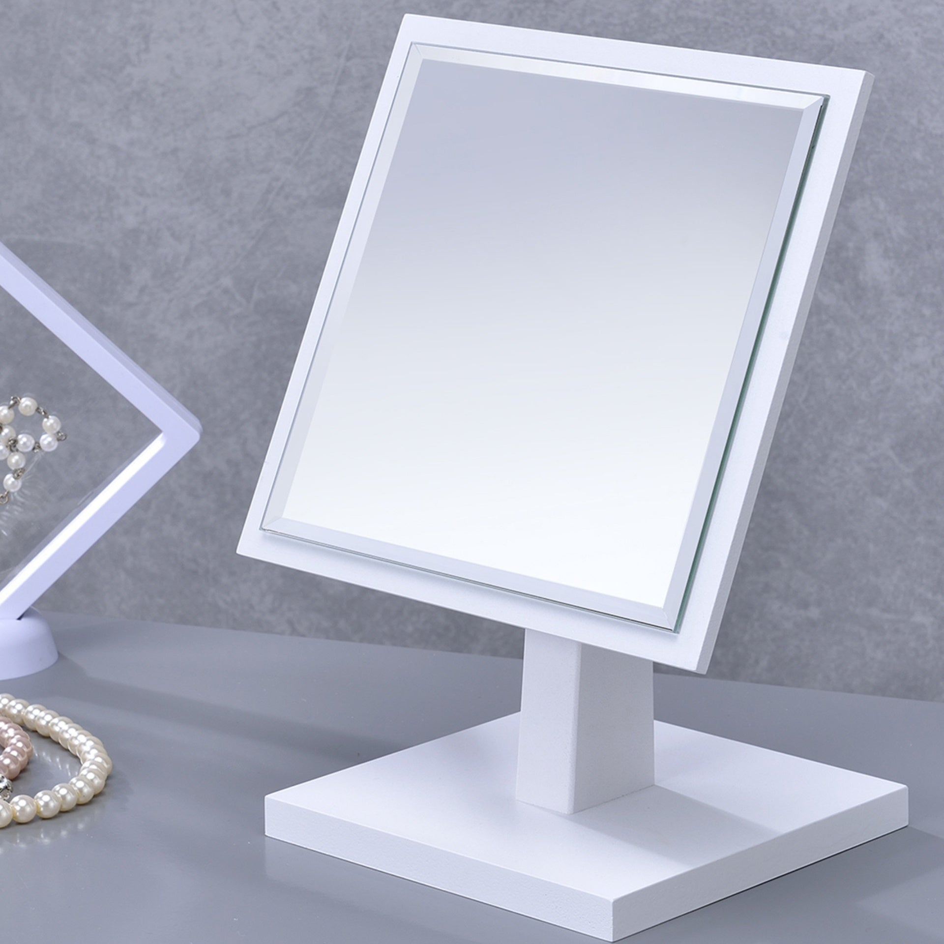 9.5" Tall Polyresin and Wood Make-Up Mirror on a Pedestal, White finish