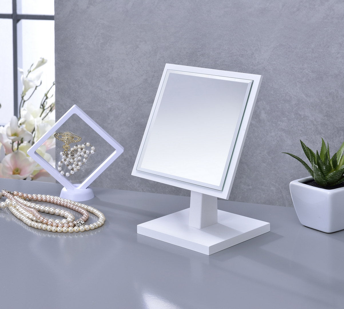 9.5" Tall Polyresin and Wood Make-Up Mirror on a Pedestal, White finish