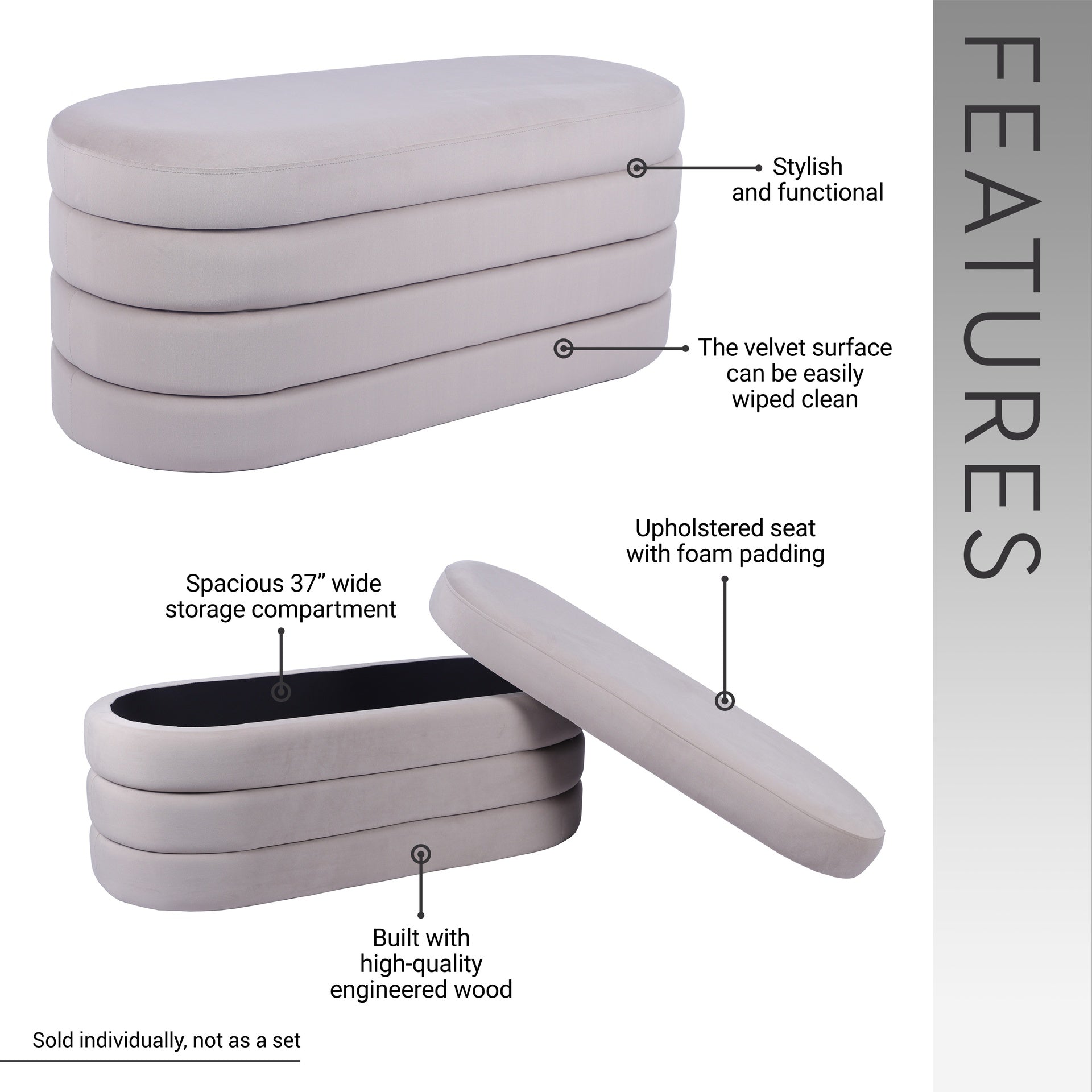 Velvet Ottoman Bench with Storage, Taupe
