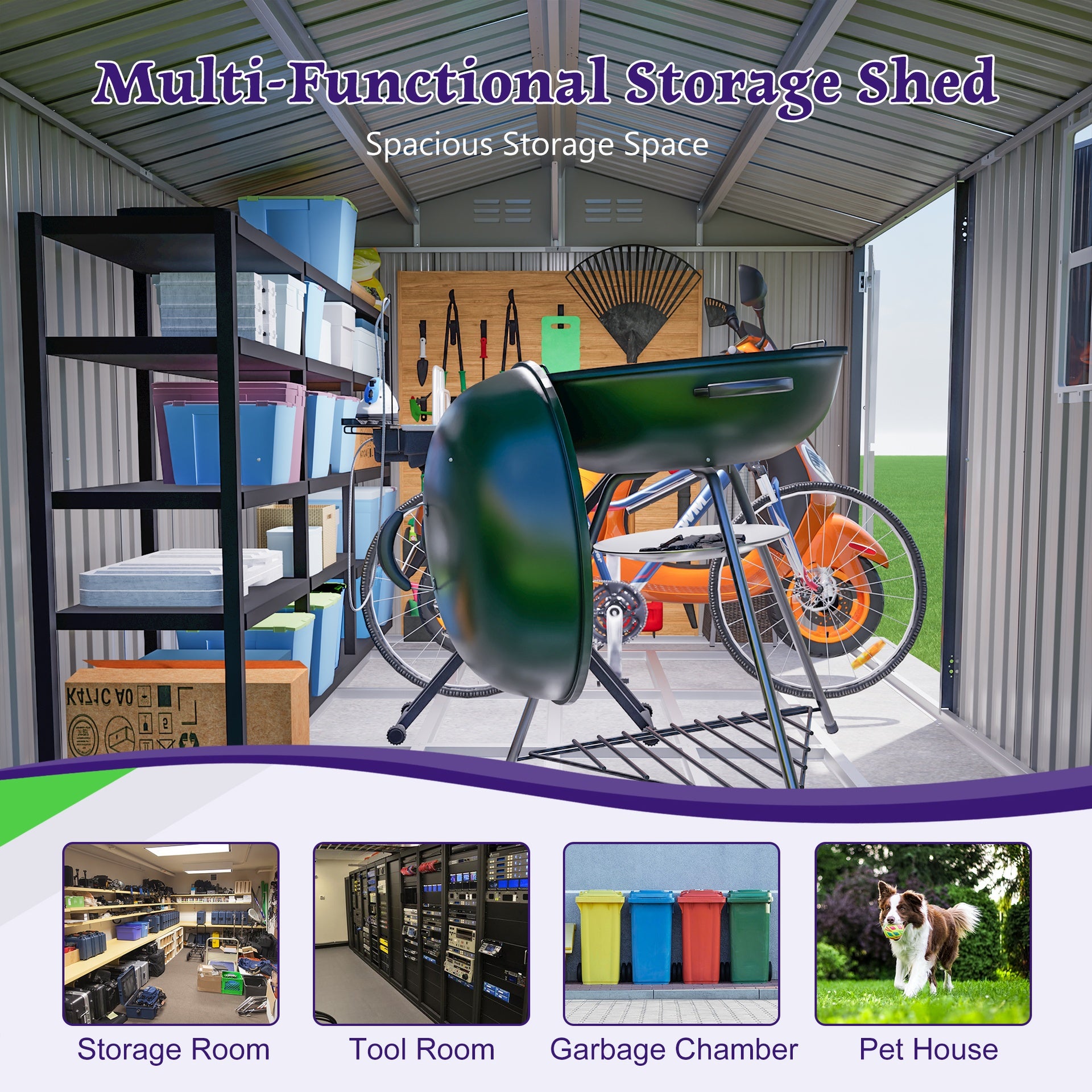 10X8FT Outdoor Steel Storage Shed with Clear Window, Lockable Doors, Weather-Resistant Metal Tool Shed for Garden, Backyard, Patio, and Utility Storage,Gray