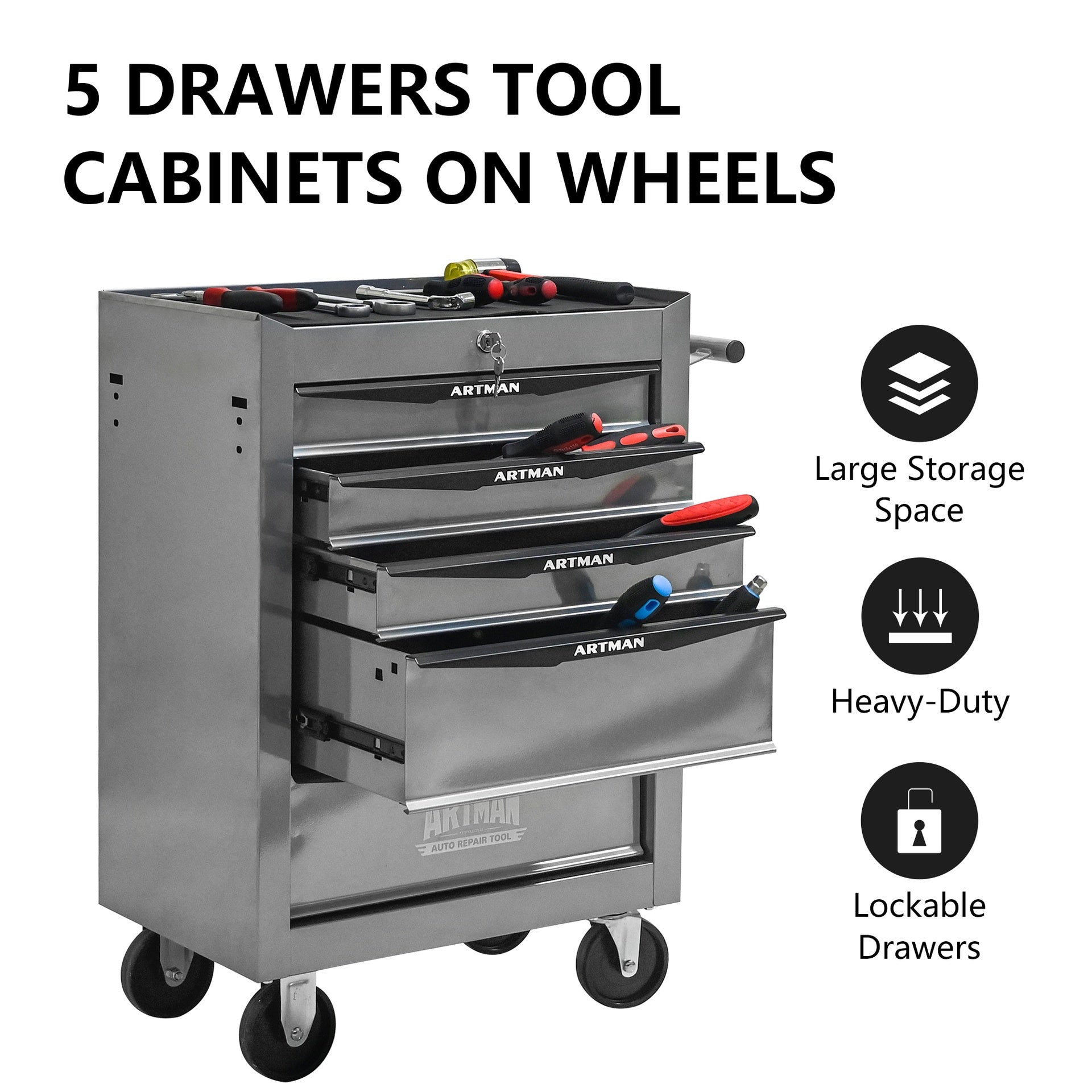 Rolling Metal Tool Chest with 5 Drawers, 20" 5-Drawer Tool Chest Cabinet with Ball Bearing Drawer Slides, Steel Tool Storage Box Organizer -SILVER
