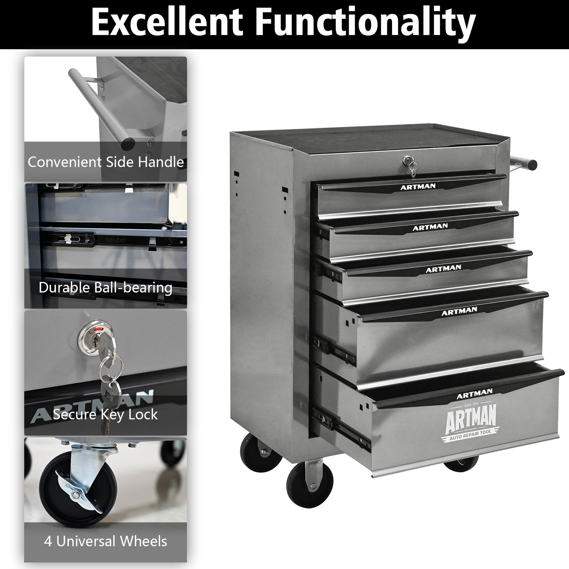 Rolling Metal Tool Chest with 5 Drawers, 20" 5-Drawer Tool Chest Cabinet with Ball Bearing Drawer Slides, Steel Tool Storage Box Organizer -SILVER