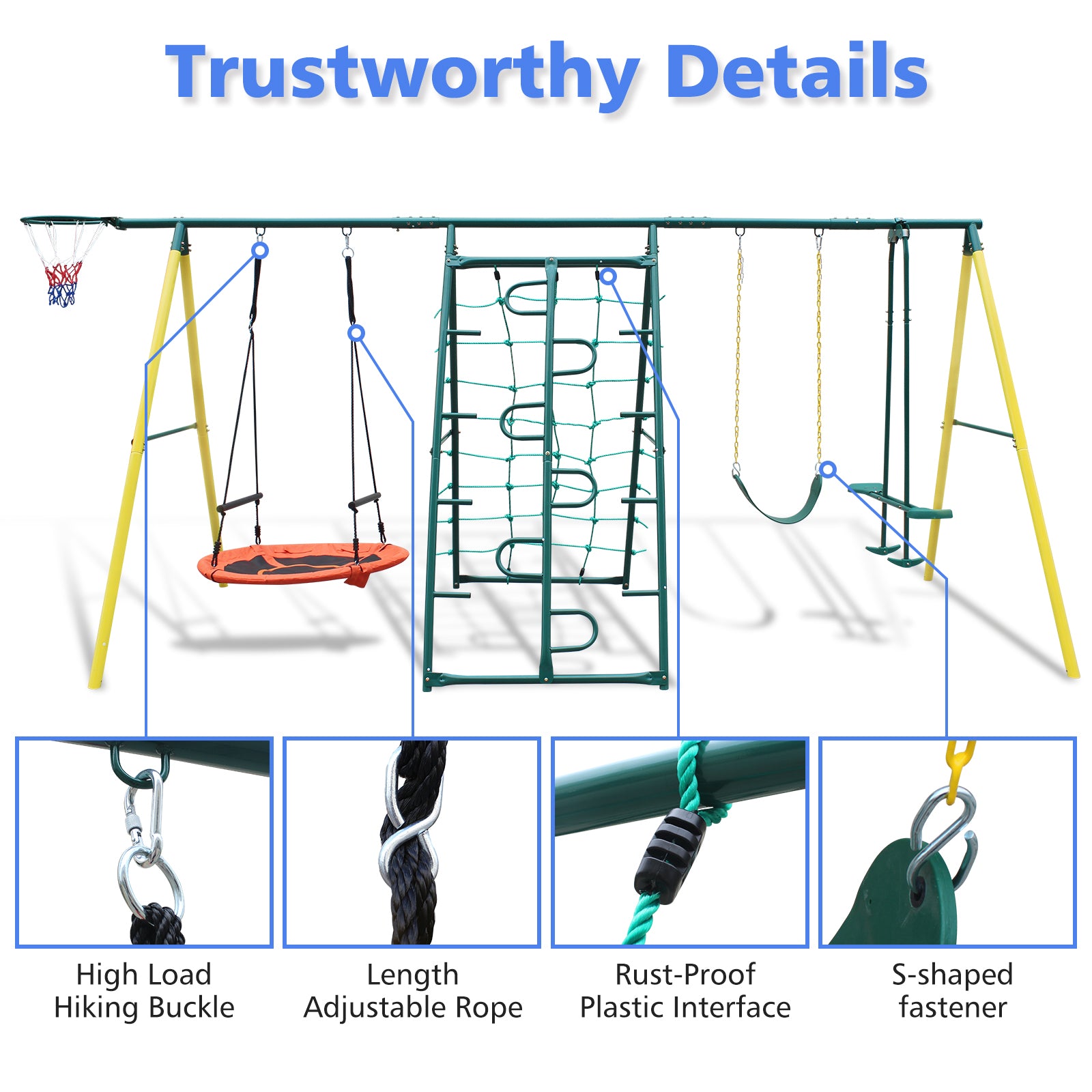 6 in 1 Swing Set With Climbing Frame, Climbing Net, Glider, Hammock Swing, Belt Swing, Basketball Rim for Backyard