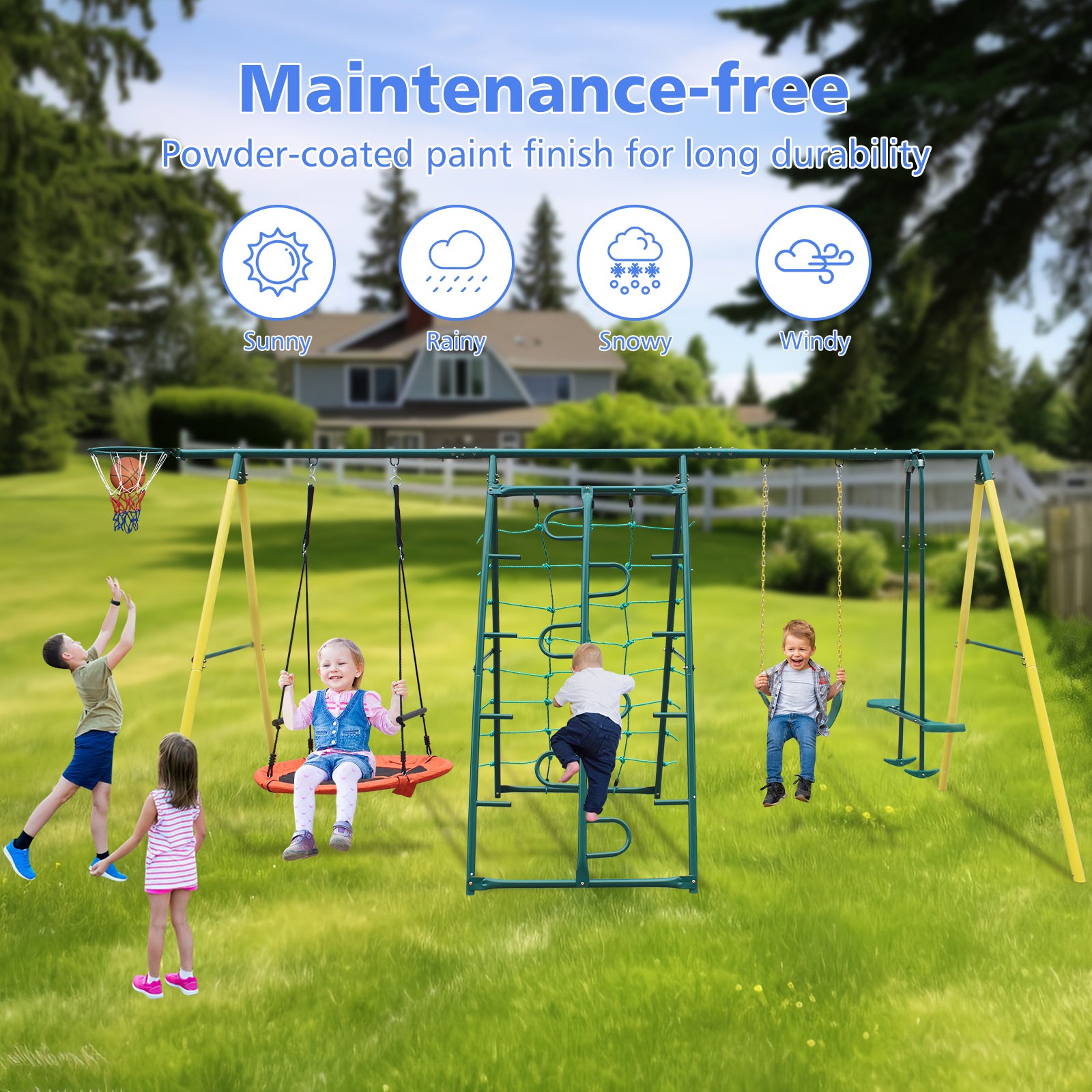 6 in 1 Swing Set With Climbing Frame, Climbing Net, Glider, Hammock Swing, Belt Swing, Basketball Rim for Backyard