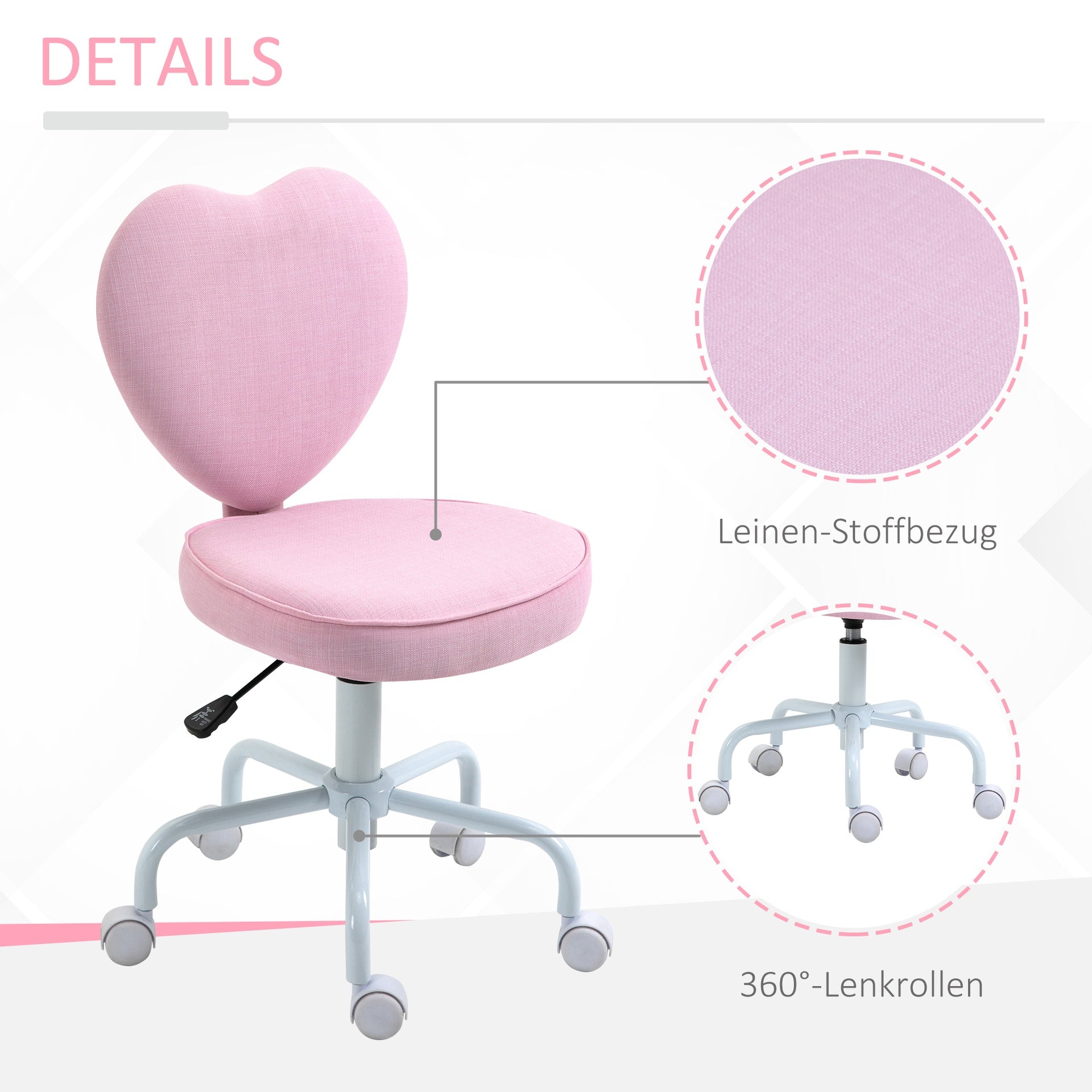HOMCOM Heart Love Shaped Back Design Office Chair with Adjustable Height and 360 Swivel Castor Wheels, Pink