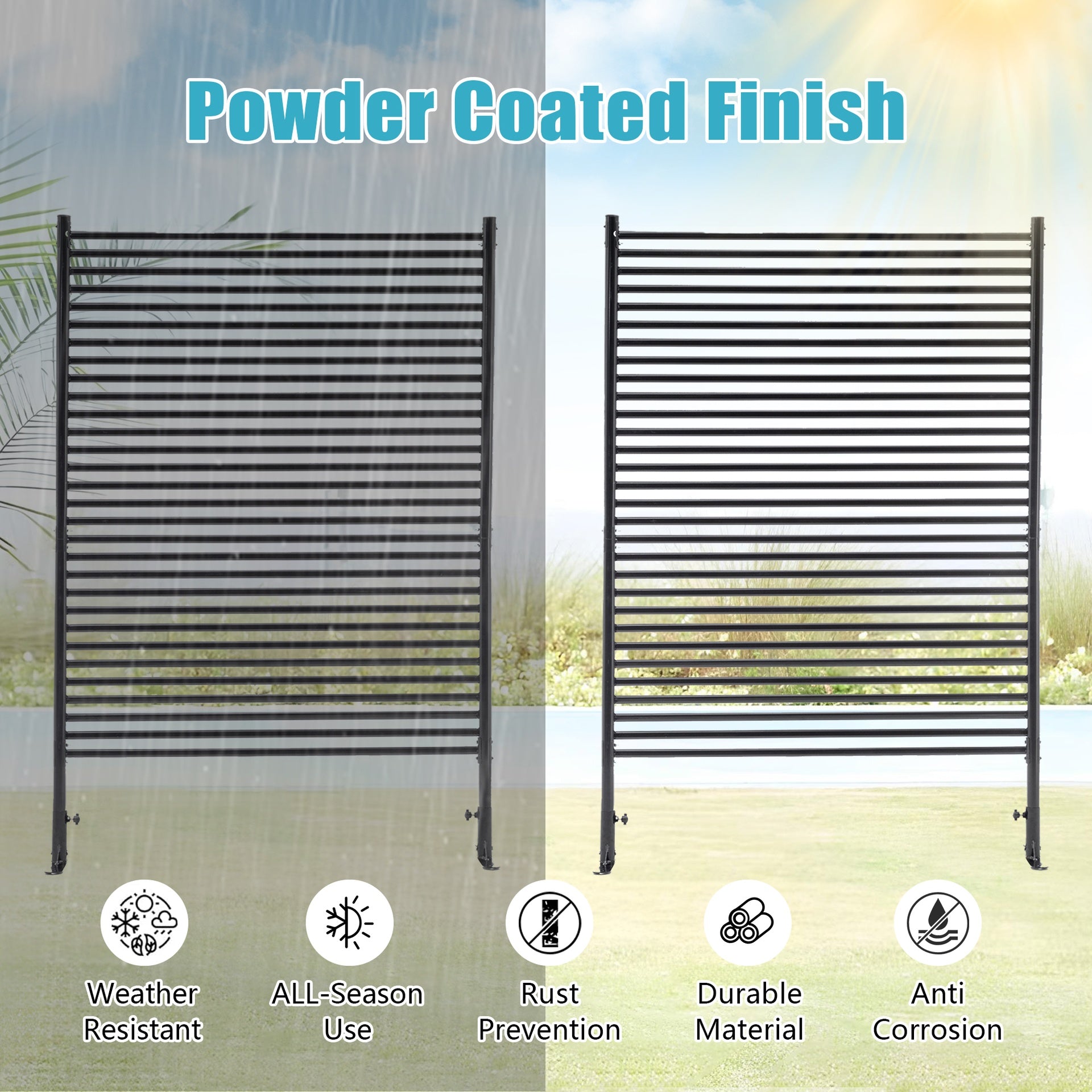 71.26''x46.65'' Outdoor Privacy Screens Freestanding,Metal Privacy Fence Panels for Outside, Slatted Privacy Screens with Stand,Black