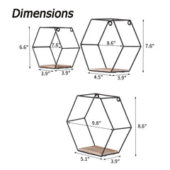 Wall Mounted Hexagonal Floating Shelves Black Set of 3 in Different Sizes, Modern Metal Wall Shelf, Simple Wood Partition Storage Shelves, Wall Decor Rack for Bedroom, Living Room, Kitchen and Office
