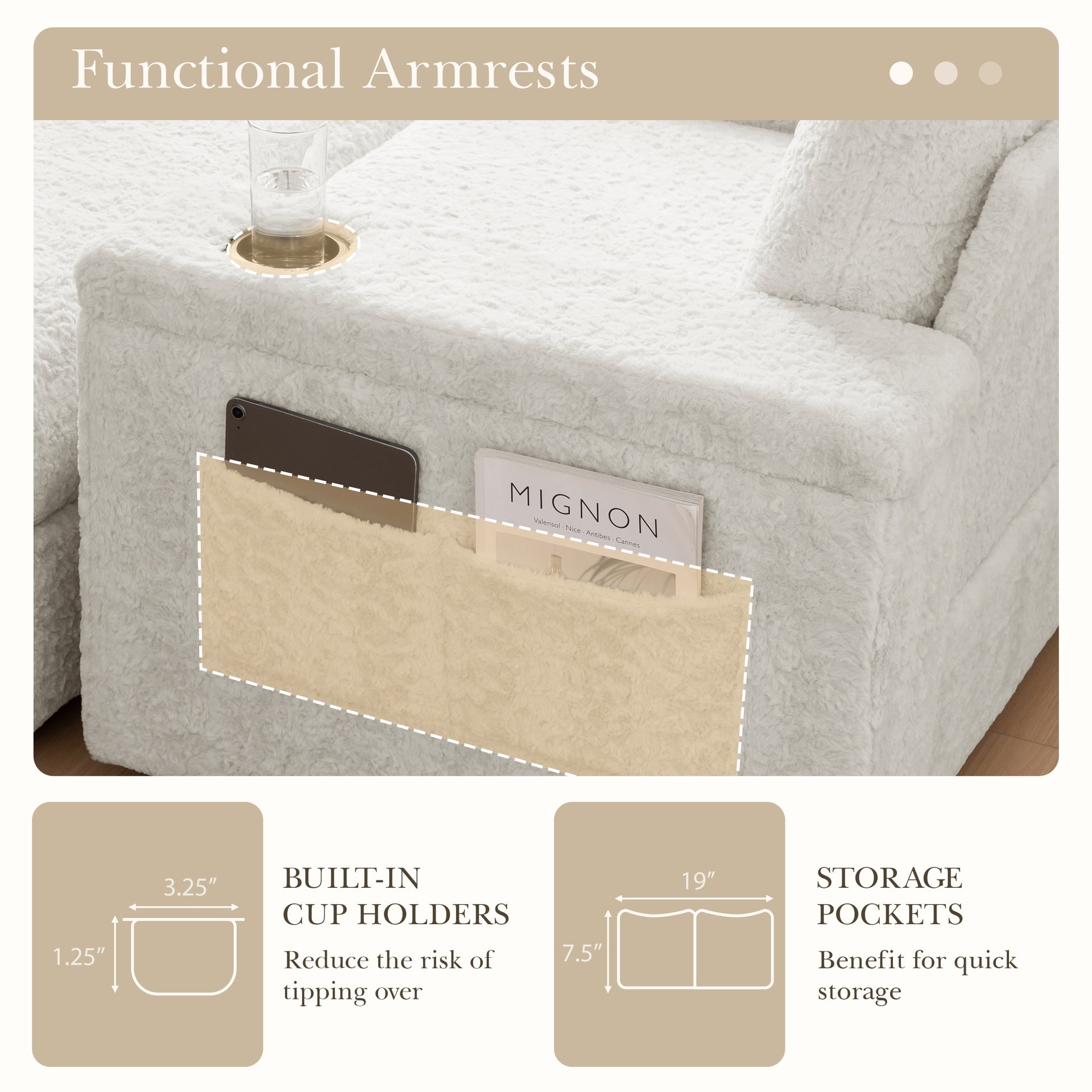 42" Oversized Single Sofa, Faux Rabbit Fur Armchair with Cup Holders, Upholstered Chaise Lounge with Storage Ottoman and Armrests, Sleeper Reading Couch with Deep Seat for Living Room, Apartment