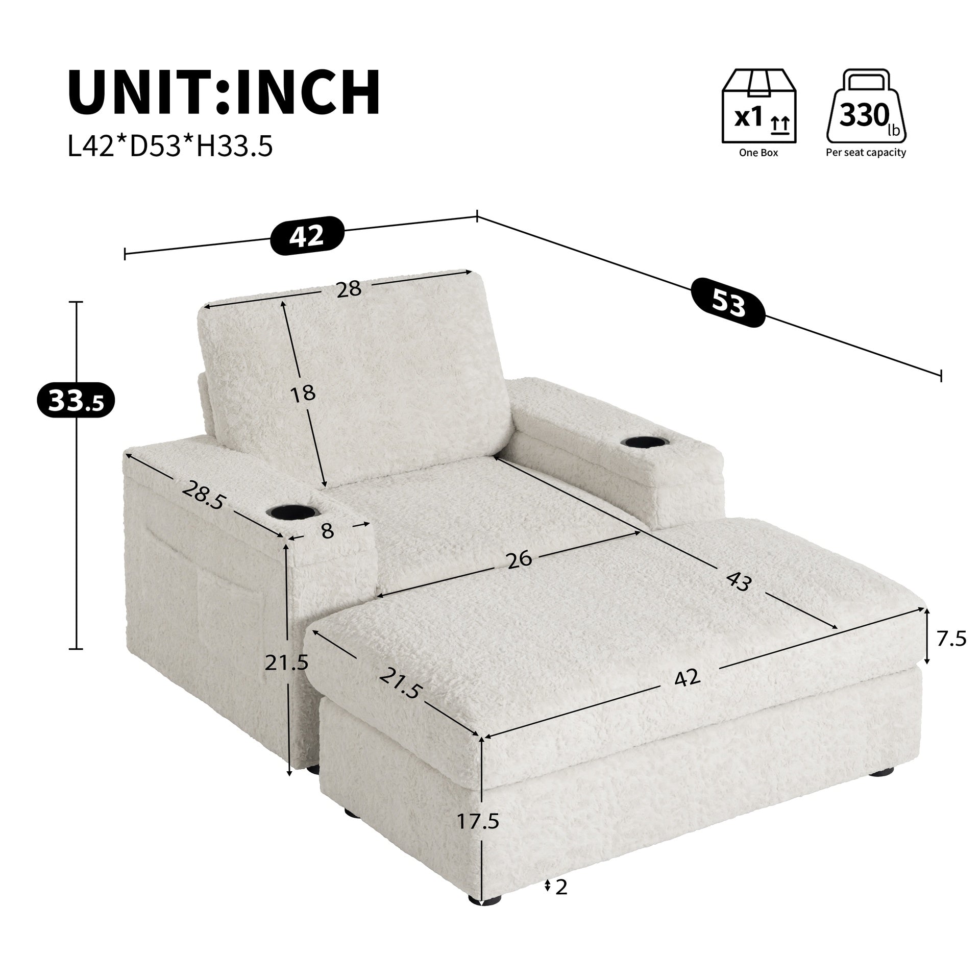 42" Oversized Single Sofa, Faux Rabbit Fur Armchair with Cup Holders, Upholstered Chaise Lounge with Storage Ottoman and Armrests, Sleeper Reading Couch with Deep Seat for Living Room, Apartment