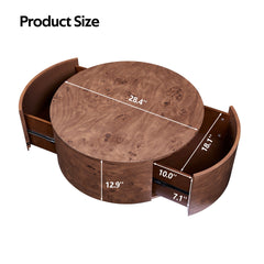 Burl Wood Rotating Coffee Table with 2 Drawers, 360° Rotating Top, Walnut, 28.4"