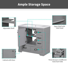 36" Bathroom Vanity without Sink, Cabinet Base Only, Six Drawers, Multi-Functional Drawer Divider, Adjustable Shelf, Grey