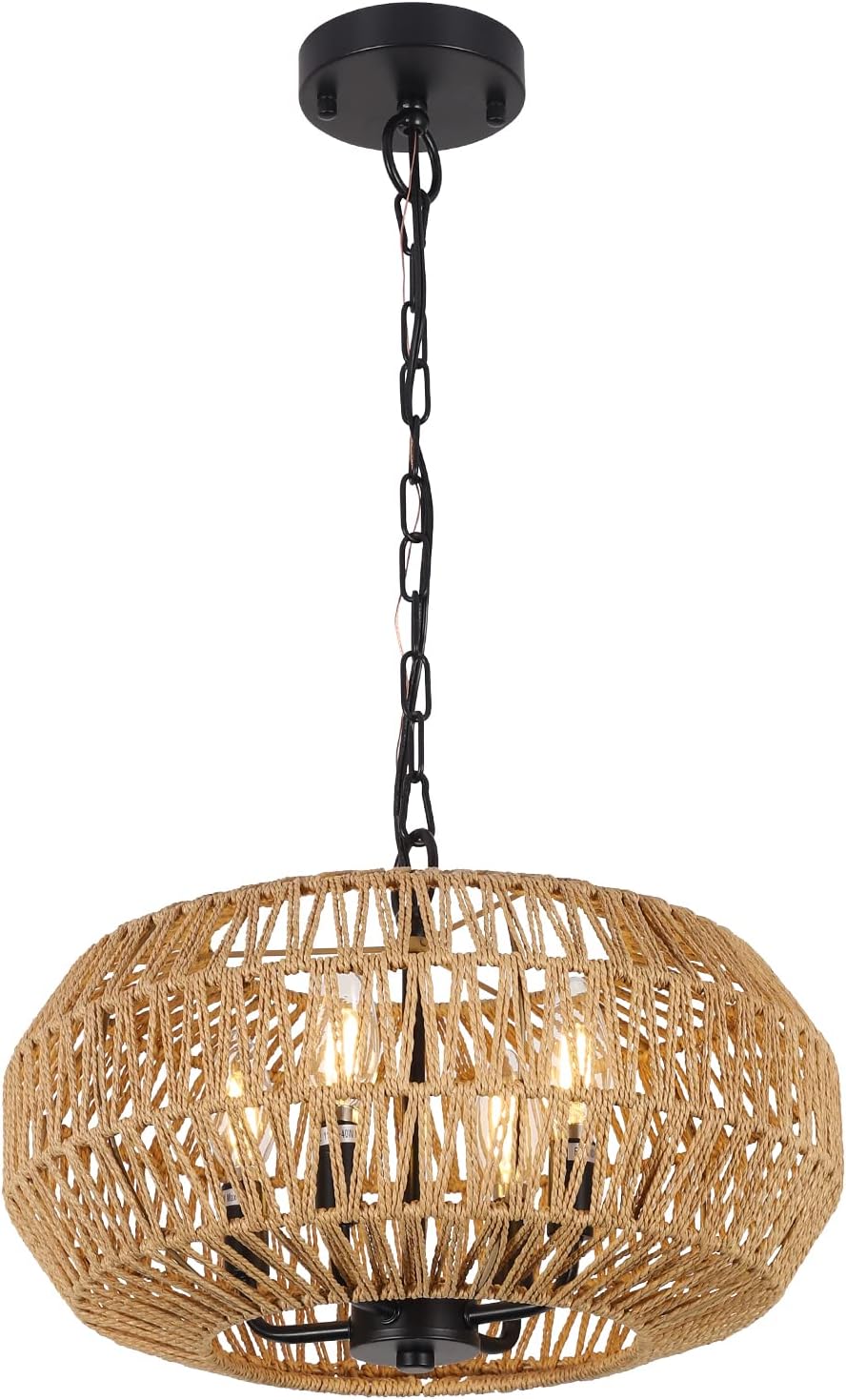 Farmhouse Rattan Pendant Lights, 15.7" 4-Light Boho Chandelier Light Fixture, Wicker Hand Woven Basket Pendant Hanging for Dining Room Living Room Kitchen Island Bedroom Foyer, Height Adjustable