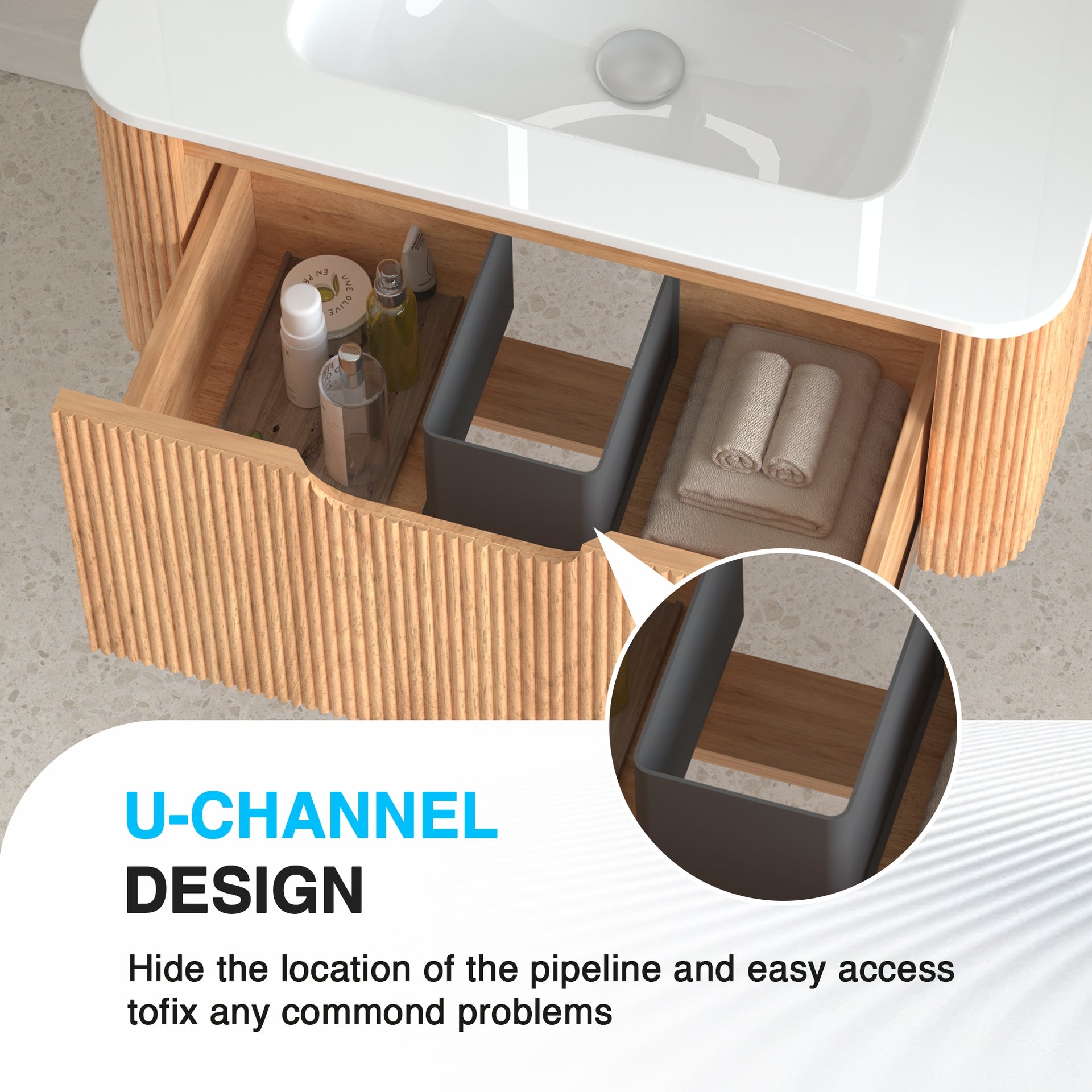 30" Wall-Mounted Floating Solid Wood Bathroom Vanity Pre-Assembled Curved Edge Storage Bathroom Cabinet in Natural Walnut Color with White Ceramic Basin