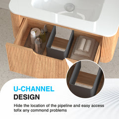 30" Wall-Mounted Floating Solid Wood Bathroom Vanity Pre-Assembled Curved Edge Storage Bathroom Cabinet in Natural Walnut Color with White Ceramic Basin