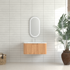 30" Wall-Mounted Floating Solid Wood Bathroom Vanity Pre-Assembled Curved Edge Storage Bathroom Cabinet in Natural Walnut Color with White Ceramic Basin