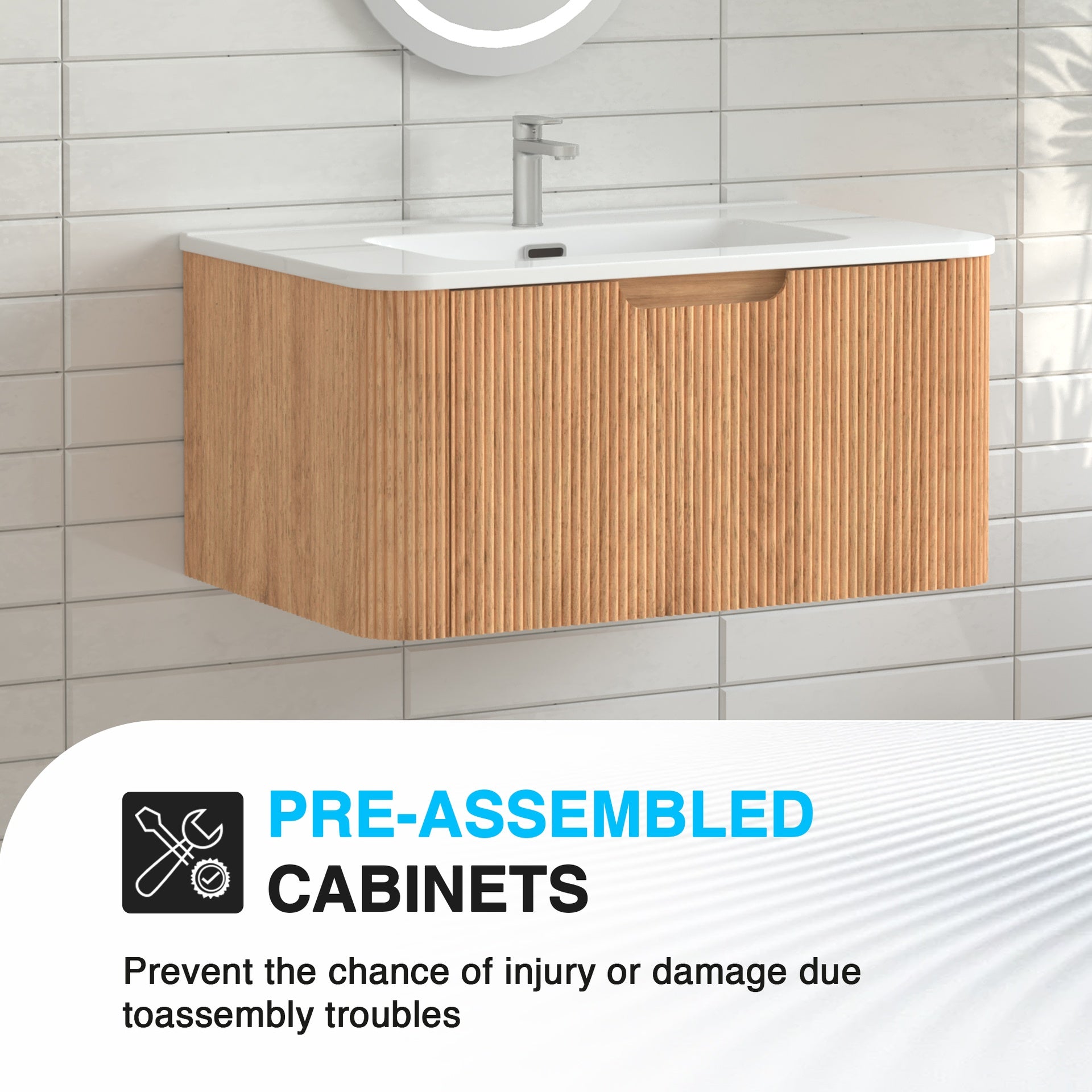 30" Wall-Mounted Floating Solid Wood Bathroom Vanity Pre-Assembled Curved Edge Storage Bathroom Cabinet in Natural Walnut Color with White Ceramic Basin