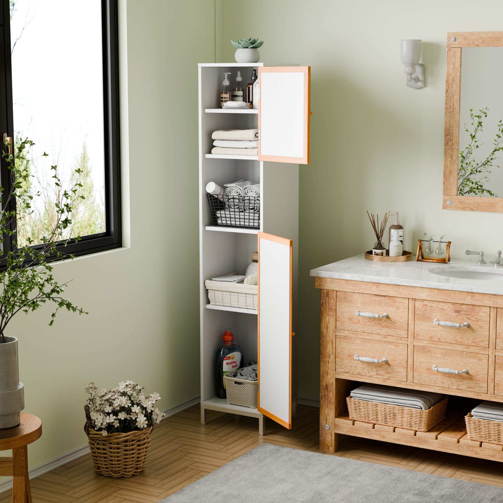 Bathroom Tall Storage Cabinet with Bamboo Slats Door - Natural/White