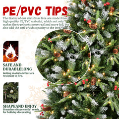 6FT Christmas Tree with 350 Warm White LED Lights – 1593 Snow-Tipped PE+PVC Branches, Red Berries & Pine Cones, Hinged Design, Stable Metal Stand – Realistic Holiday Decoration