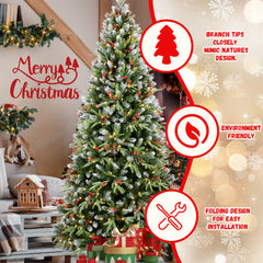 6FT Christmas Tree with 350 Warm White LED Lights – 1593 Snow-Tipped PE+PVC Branches, Red Berries & Pine Cones, Hinged Design, Stable Metal Stand – Realistic Holiday Decoration