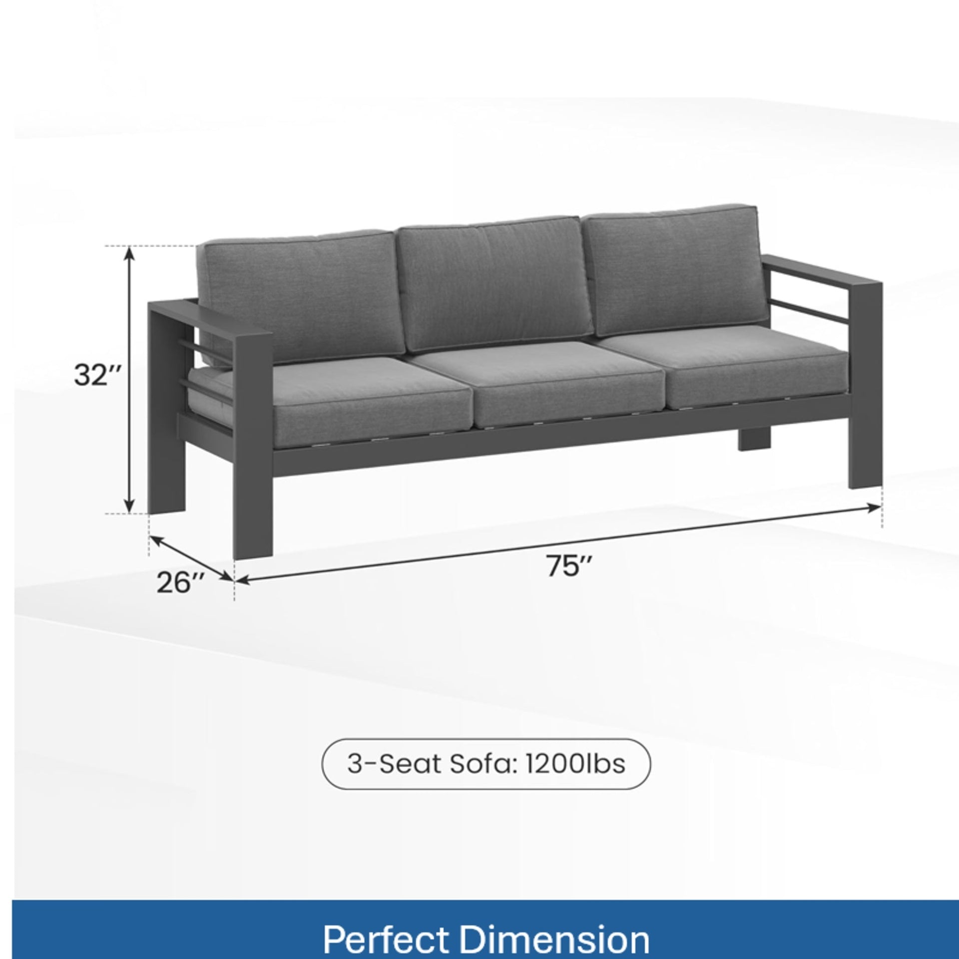 75" All-Weather Metal 3-Seat Patio Sofa Couch with Thick Gray Cushions & Gray Frame