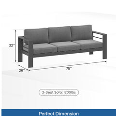 75" All-Weather Metal 3-Seat Patio Sofa Couch with Thick Gray Cushions & Gray Frame