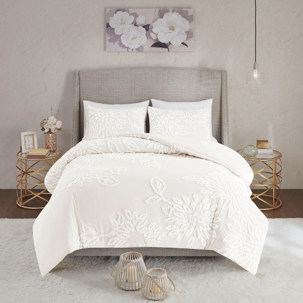 King/Cal King 3 Piece Tufted Cotton Chenille Floral Duvet Cover Set