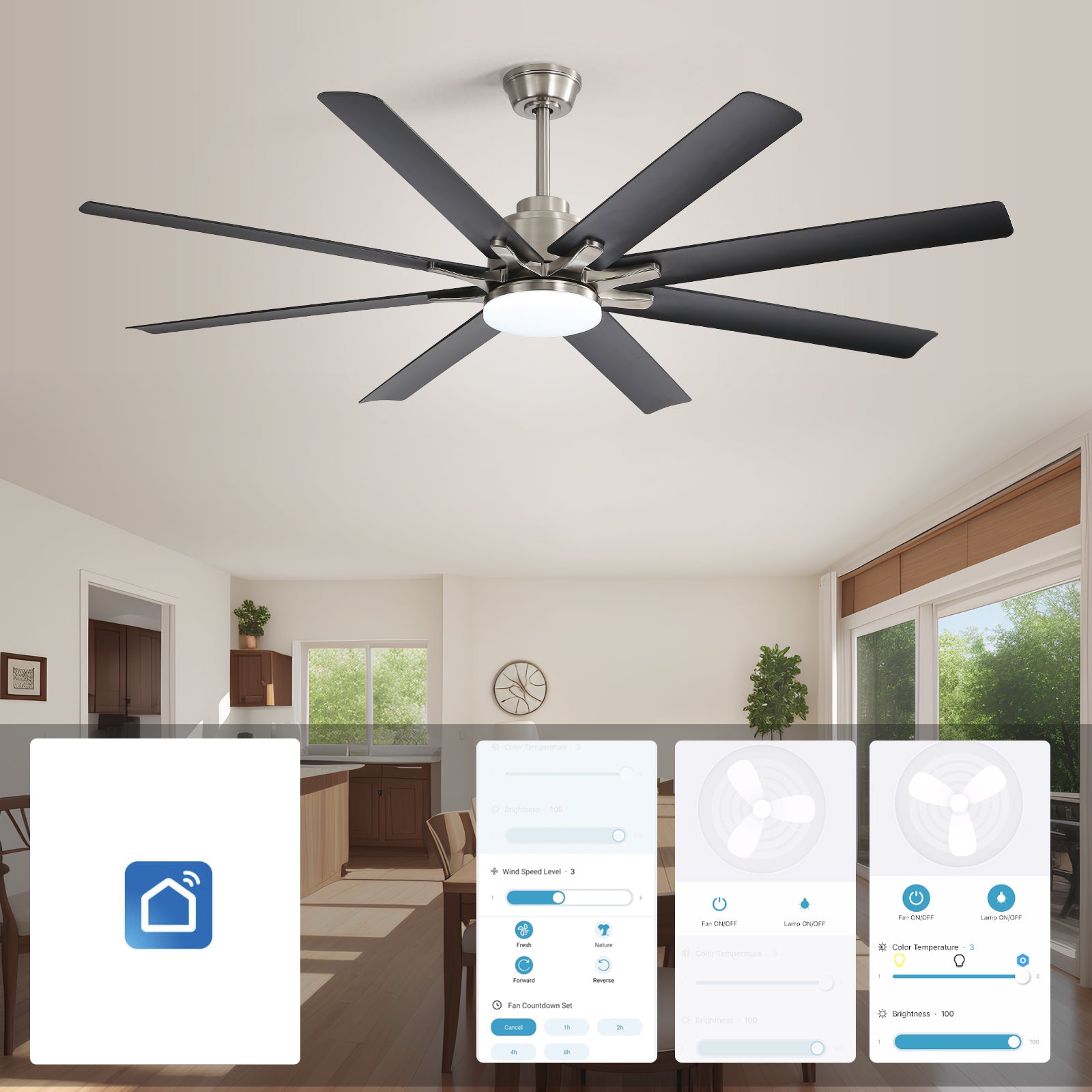 66 Inch Low Profile ABS Ceiling Fan with Dimmable Lights and Smart Remote Control 6 Speed Reversible Noiseless DC Motor for Indoor
