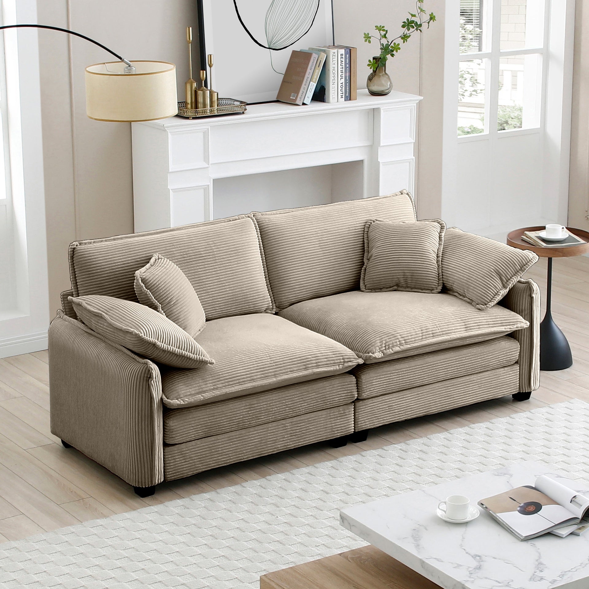 Warm and Cozy Living Room Sofa with 4 Pillows Upholstered Large Deep Seat 2 Seater Sofa for Living Room,Tan Corduroy