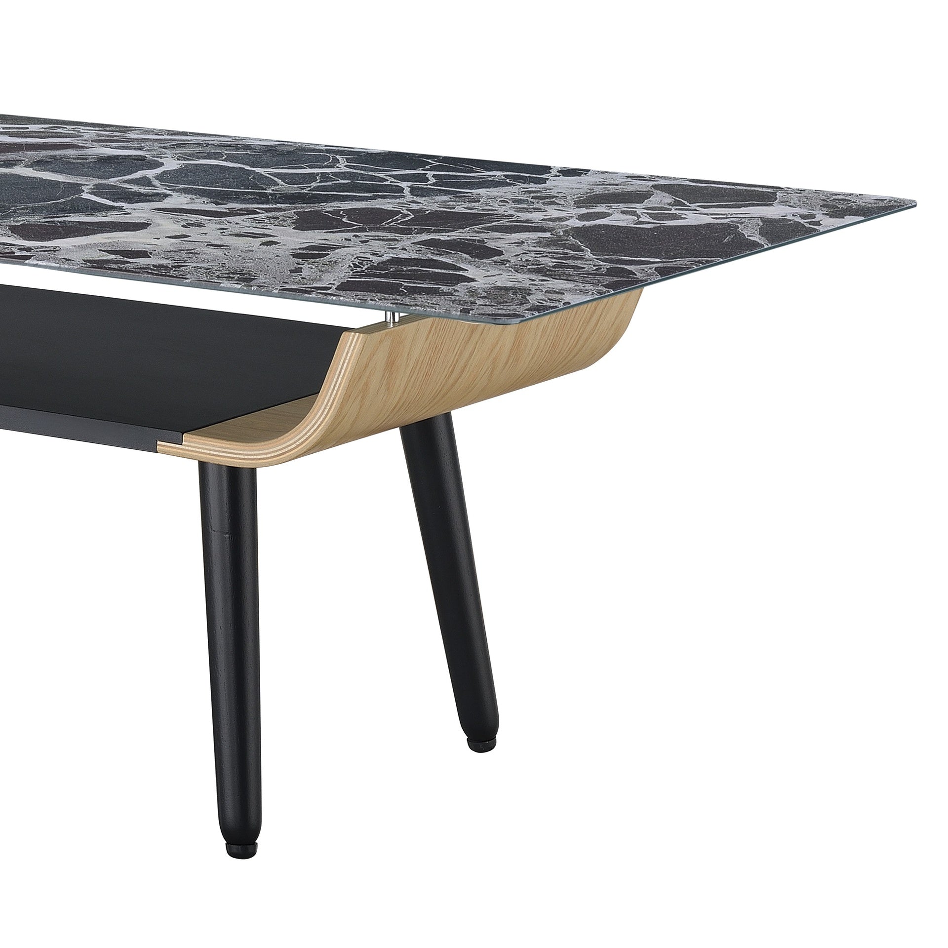 Landon 47" Coffee Table with Glass Black Marble Texture Top and Bent Wood Design