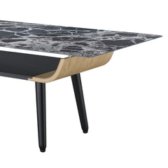 Landon 47" Coffee Table with Glass Black Marble Texture Top and Bent Wood Design