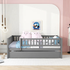 Full Size Wood Daybed with Trundle and Fence Guardrails, Gray