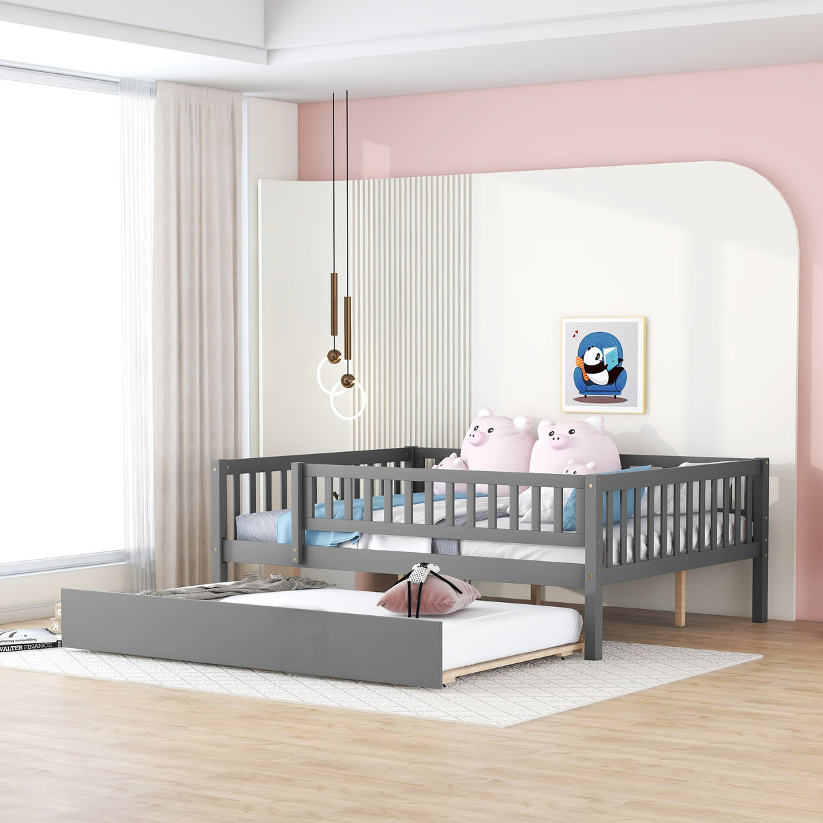 Full Size Wood Daybed with Trundle and Fence Guardrails, Gray