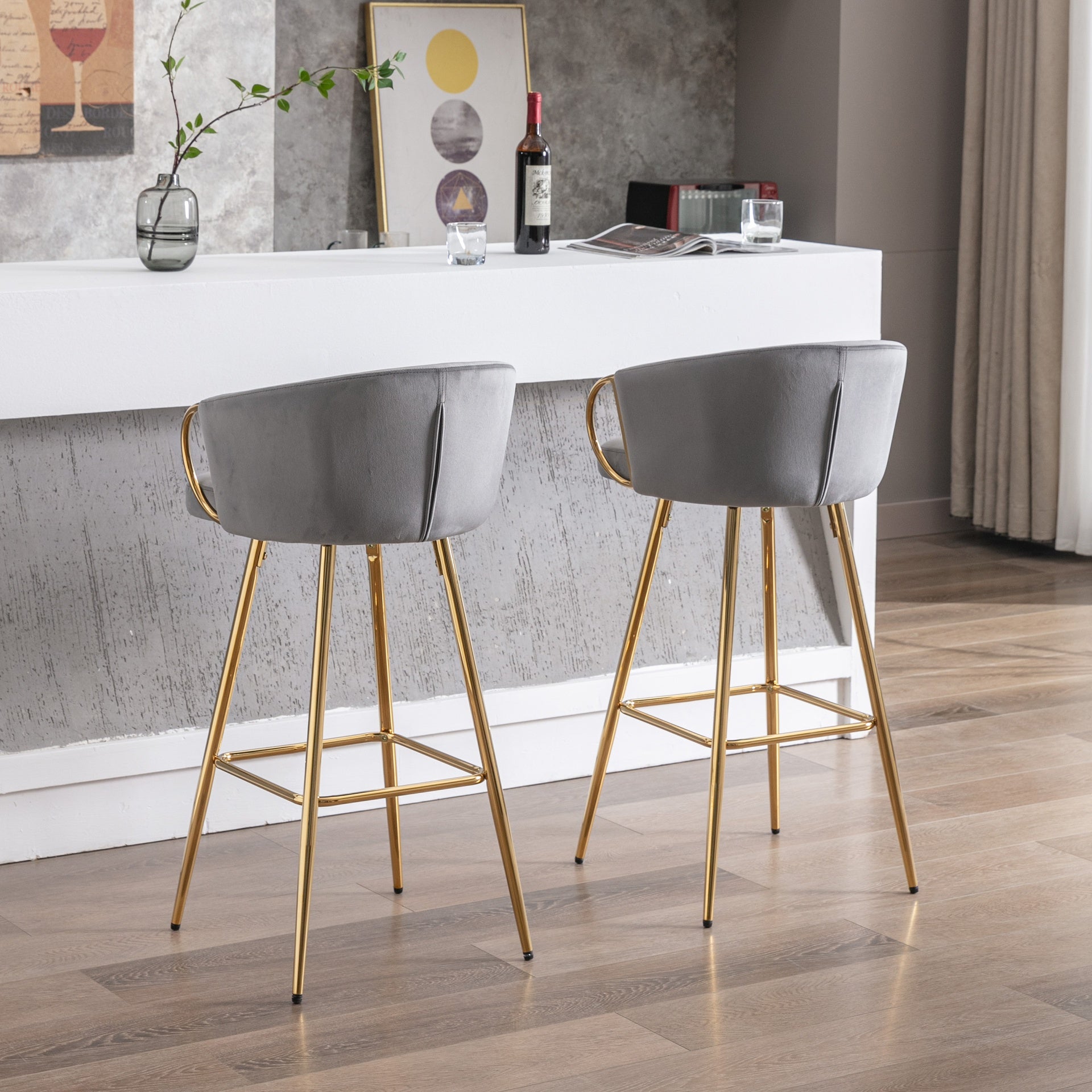 30 Inch Set of 2 Bar Stools,with Chrome Footrest and Base Velvet + Golden Leg Simple Bar Stool,GRAY