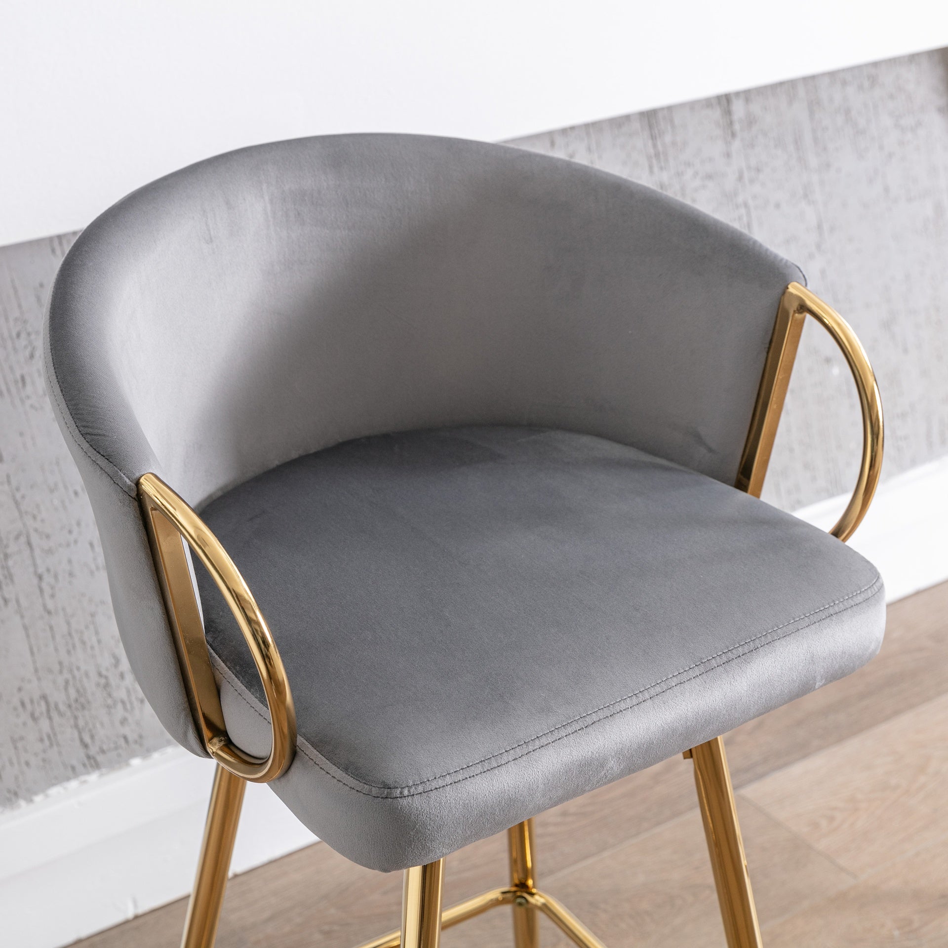 30 Inch Set of 2 Bar Stools,with Chrome Footrest and Base Velvet + Golden Leg Simple Bar Stool,GRAY