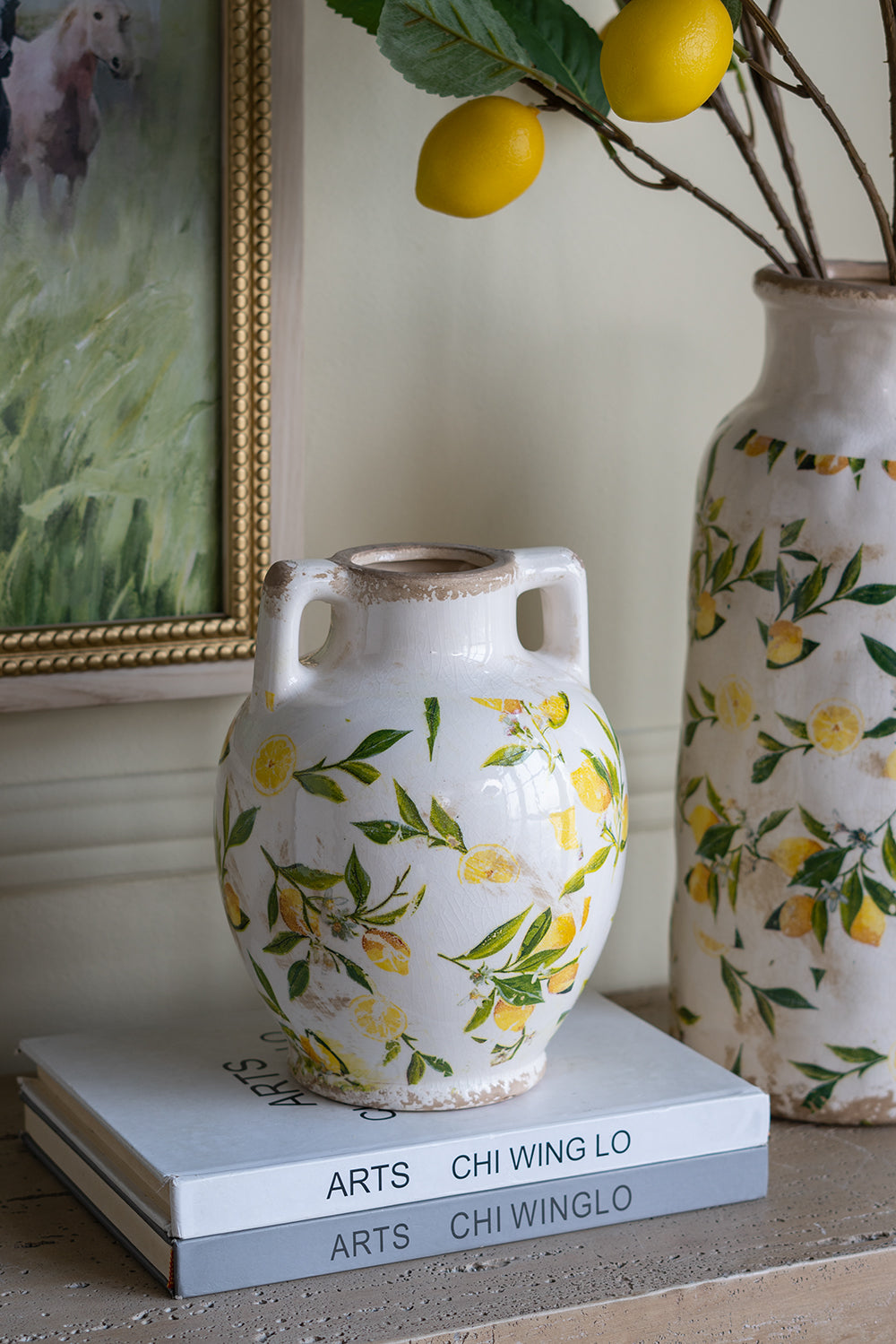 6.7x6.7x8.7" White Ceramic Vase with Yellow Lemon Motif and Small Handles