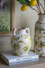 6.7x6.7x8.7" White Ceramic Vase with Yellow Lemon Motif and Small Handles