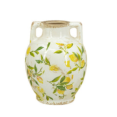 6.7x6.7x8.7" White Ceramic Vase with Yellow Lemon Motif and Small Handles