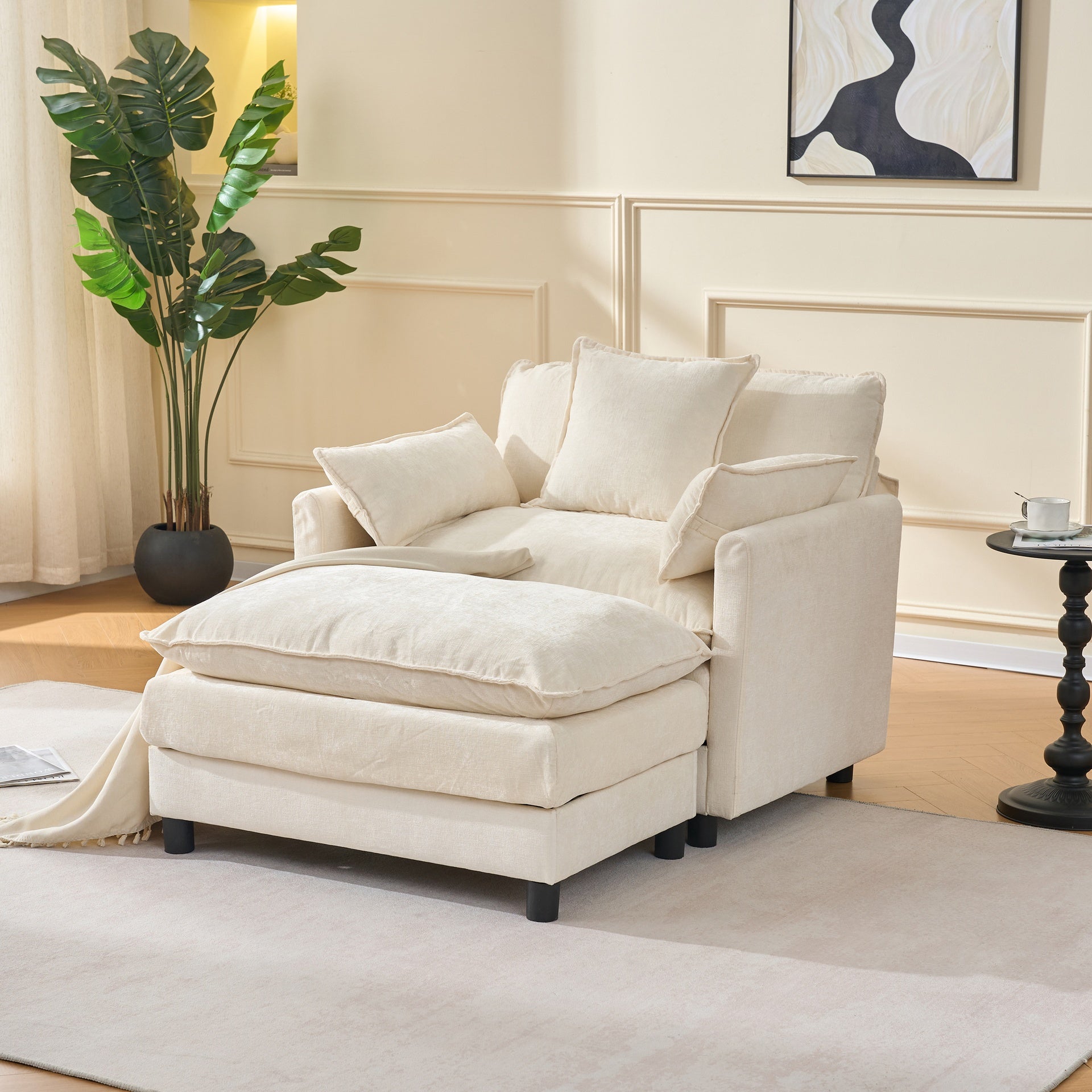39.4" Modern Accent Chair with Ottoman, Living Room Club Chair Chenille Upholstered Armchair , Reading Chair for Bedroom, Beige Chenille
