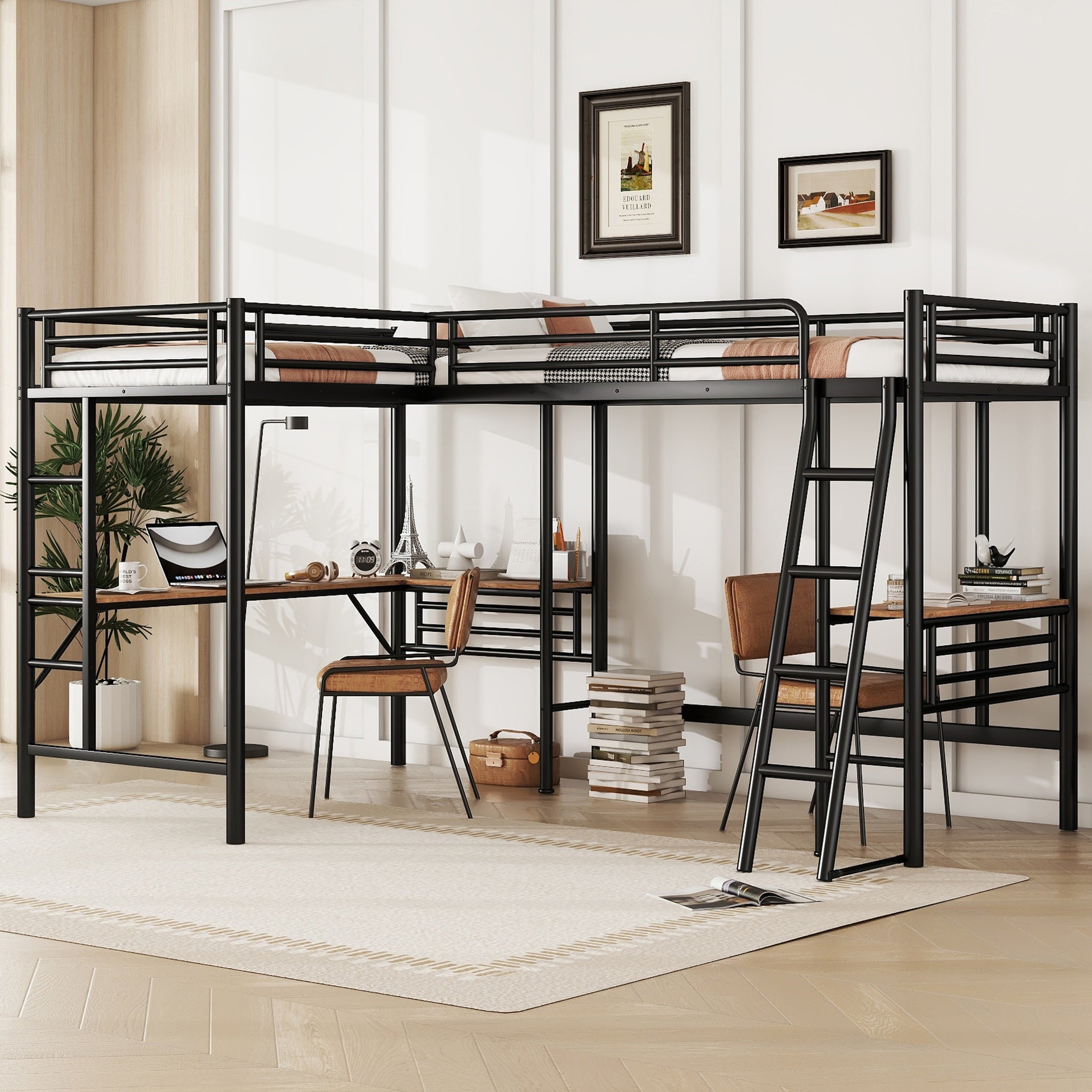 Twin Size Metal Loft Bed with Two Built-in Desks,Black