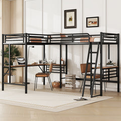 Twin Size Metal Loft Bed with Two Built-in Desks,Black